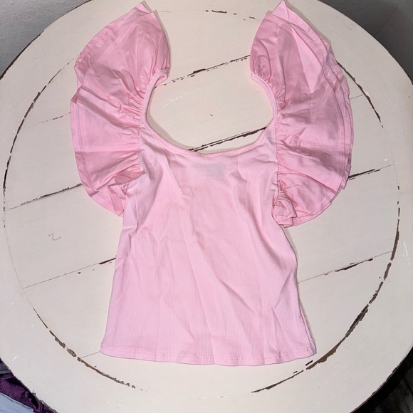 Pink Ribbed Knit Top with Ruffle Sleeves - Picture 7 of 8